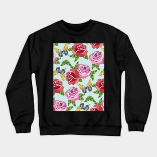 Roses And Butterflies Pattern On Blue Crewneck Sweatshirt